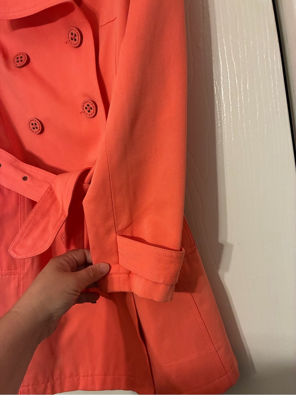 Coral Double-Breasted Trench Coat with Waist Tie size Small - Picture 6 of 6